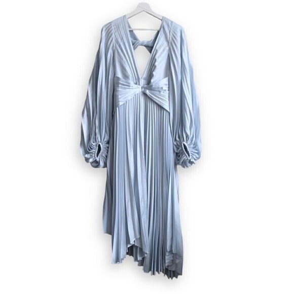 Acler Dress US 4 Palms Pleated Satin Midi Dress Light Blue AU 8 - Picture 5 of 15